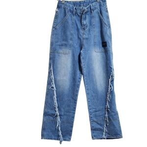 BEAR by bear high waisted raw trim wide leg jeans color blue size Medium